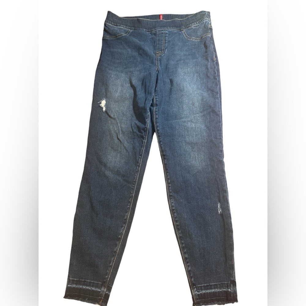 SPANX Dark Wash Skinny Jeans with Subtle Distressing